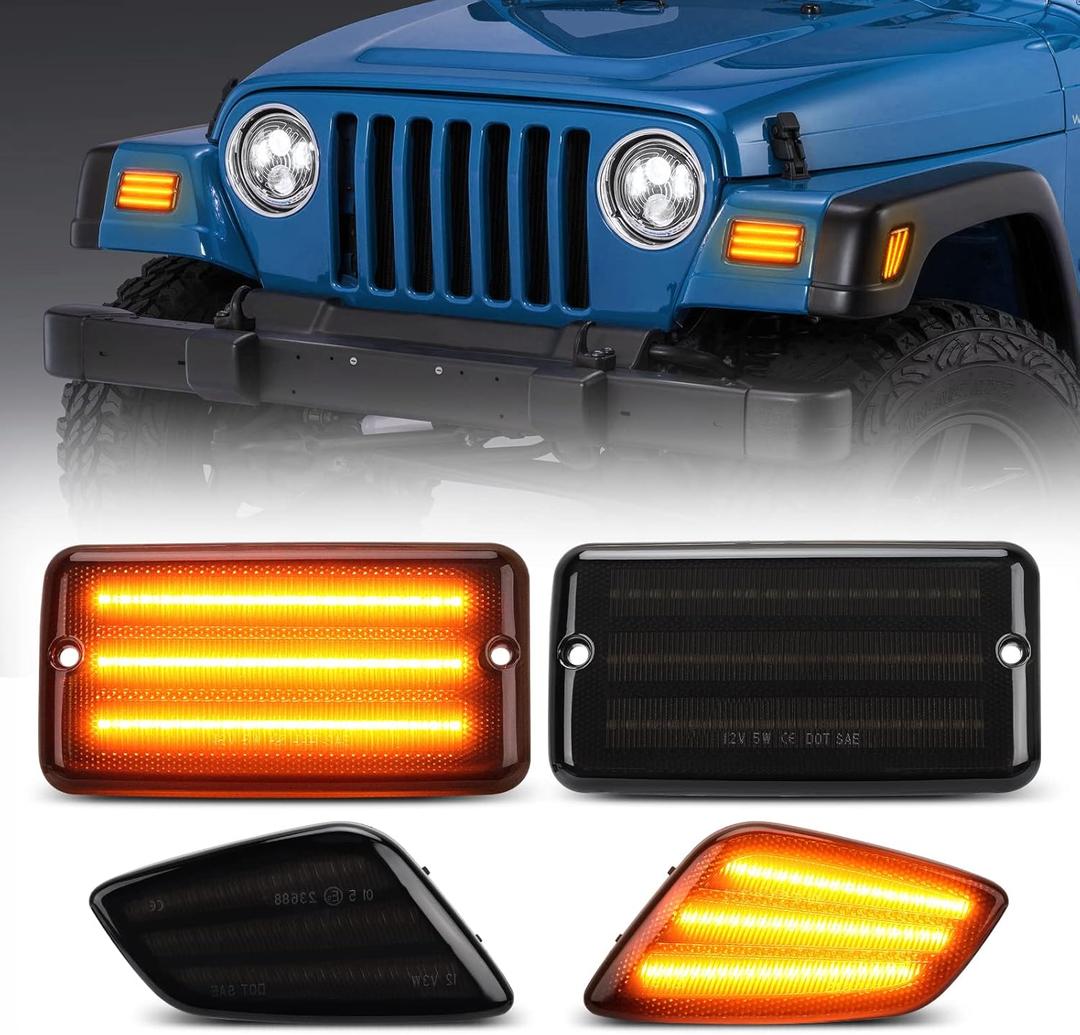 SUPAREE Led Front Turn Signal Lights and Led Side Marker Lights fit for Jeep Wrangler TJ 1997-2006, Amber Parking Light DRL and Amber Turn Signal, Smoked Lens 4PCS