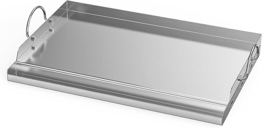 onlyfire Stainless Steel BBQ Griddle, Outdoor Flat Top Griddle Pan with Grease Groove and Handles for Gas and Charcoal Grills, 25x16