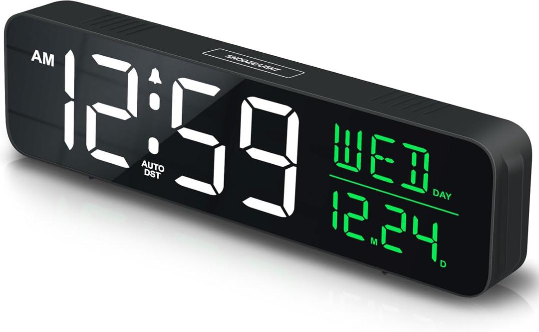 Peakeep Large Display Digital Alarm Clock for Bedrooms, Date Day of Week Calendar Desk Table Clocks for Living Room Office, Dimmable Plug in Electric Clock, 5 Volumes, Loud, Auto DST (White and Green)