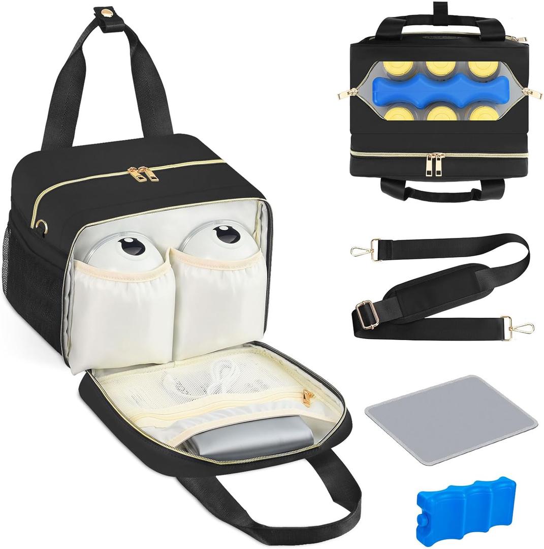 PIIOSER Breastmilk Cooler Bag with Ice Pack, Fits 6 Baby Bottles Up to 9 Ounce, Insulated Bottle Travel Bags with Shoulder Strap-Wearable Breast Pump Carrying Case for Nursing & Working Moms (Black)