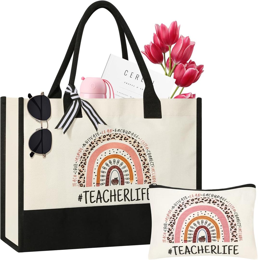 Tecanne Teacher Gifts for Women, Canvas Tote Bag with Makeup Bag, Beach Bag with Zippe
