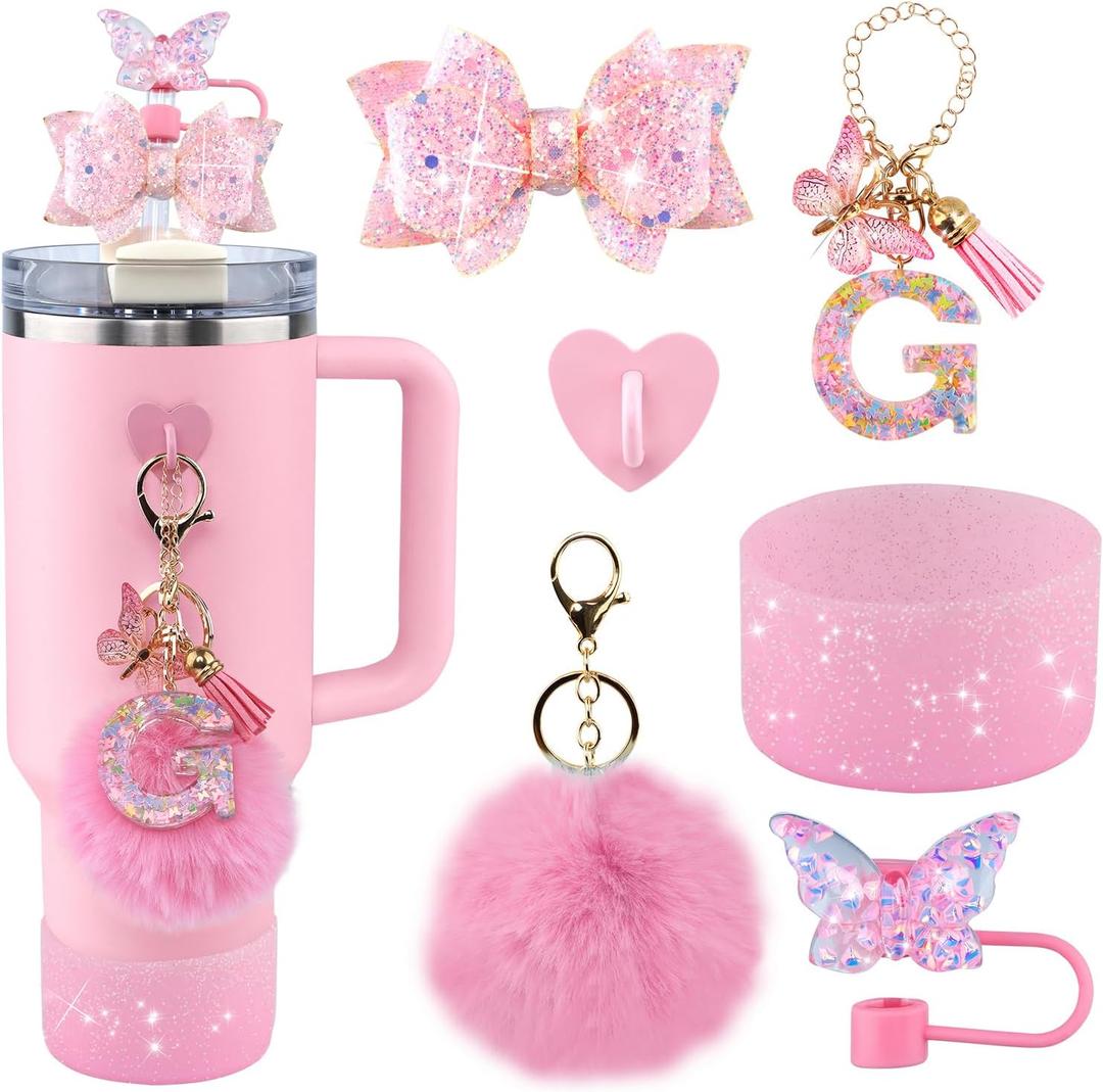 6Pcs Pink Stanley Cup Accessories Set - Butterfly Straw Topper Cover Cap, Bling Bow for Straw, Sparkly Silicone Boot, Letter Charm and Pompom for Stanley Cups Tumbler 40Oz 30Oz 20Oz G