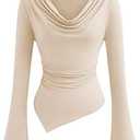 PRETTYGARDEN Womens Bell Long Sleeve Shirts Casual Cowl Neck Asymmetrical Slim Fit Crop Tops Y2K Going Out Spring Clothes (Beige,XXL)