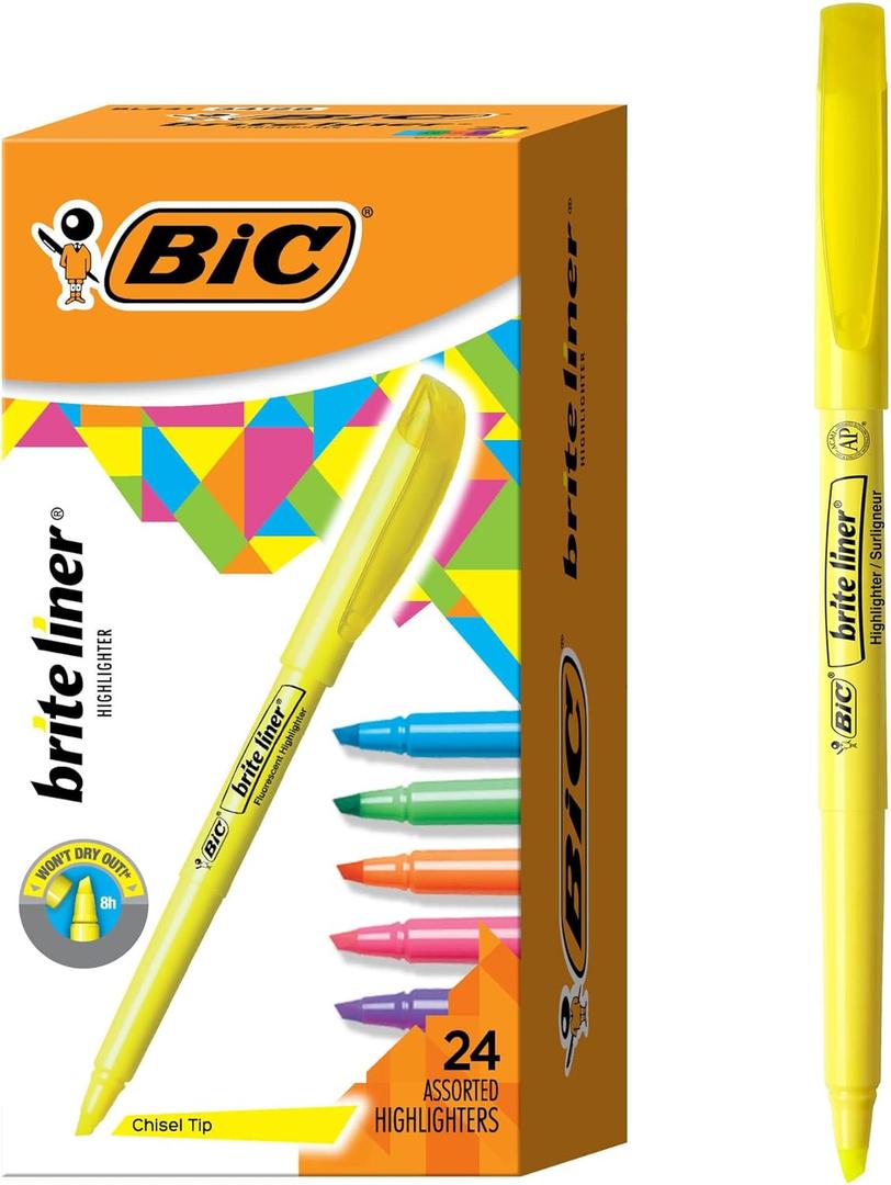 BIC Brite Liner Highlighters with Chisel Tip for Broad and Fine Lines, 24-Count Pack in Assorted Colors