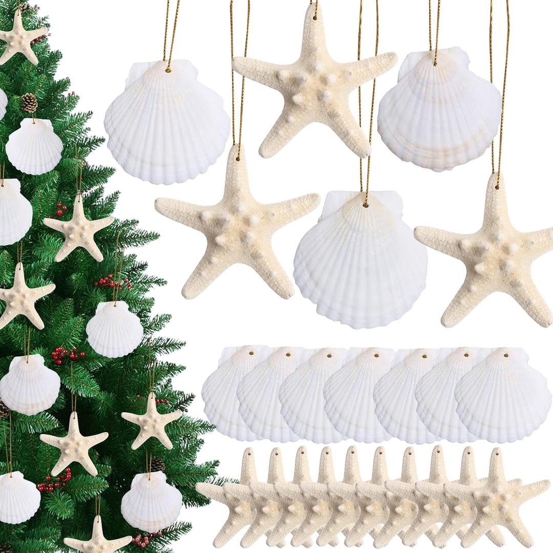 20 PCS Christmas Tree Hanging Ornaments Natural Starfish Sea Shells Decorations Beach Style for Wedding Birthday Craft Projects