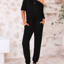 Zenlonr Women Summer 2 Piece Outfits 2025 Off Shoulder Short Sleeve Tops Elastic Waist Drawstring Long Pants Tracksuit (Large, Black)