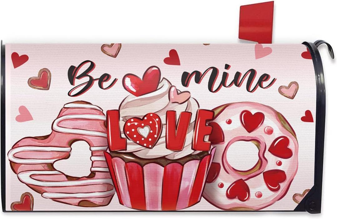 2 x Valentines Day Dessert Mailbox Cover Magnetic Standard Size 20.5"x18", Pink Red Love Heart Cupcake Donut Decorative Post Letter Box Wrap Decor, Anniversary Wedding Garden Yard Outdoor Decoration