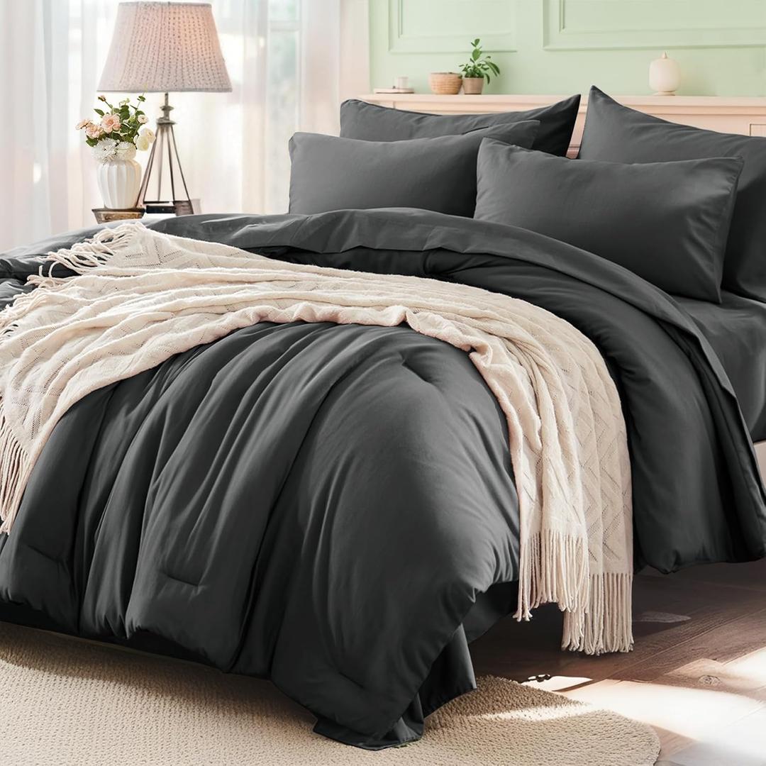 Anluoer Dark Grey California King Comforter Set 7 Pieces, Bed in a Bag with Sheets, All Season Bedding Sets with 1 Comforter, 2 Pillow Shams, 2 Pillowcases, 1 Flat Sheet, 1 Fitted Sheet