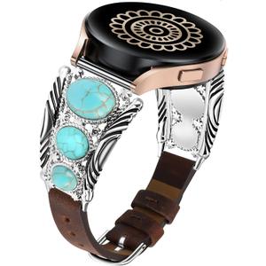 Minyee Leather Band Compatible with Samsung Galaxy Watch 7/6/5/4/FE/Active 2 40mm 44mm/Watch 6 Classic 43mm 47mm/Watch 5 Pro 45mm Band Women, Western Turquoise Boho Vintage Jewelry 20mm Watch Strap