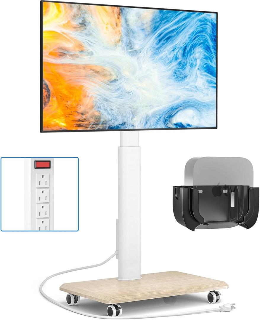 Rfiver Sleek Rolling TV Stand with Power Outlet for Home Decor, Height Adjustable Portable TV Stand on Wheels for 32-70 Inch TVs, Strong Tall Mobile TV Cart with Mount Up to 88 lbs, White