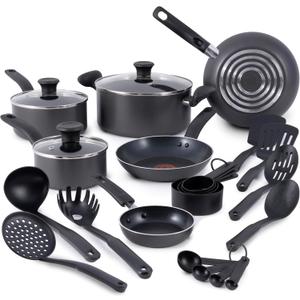 T-fal Initiatives Nonstick Cookware Set 18 Piece, Oven Broiler Safe 350F, Kitchen Cooking Set w/Fry Pans, Saucepans, Stockpots, Skillet, Spoons, Lids Pots and Pans Set, Dishwasher Safe, Stone Grey
