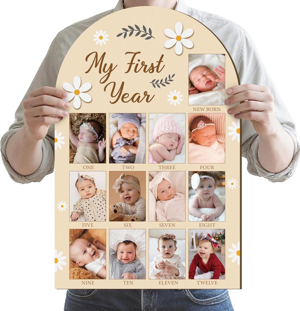 R HORSE Large My First Year Photo Frame Board, 23 x 15 Inches 3D Daisy Birthday Decorations Display Wood Board, Baby First Year Picture Frame 12 Months Milestone 1st Birthday Nursery Decor Gift