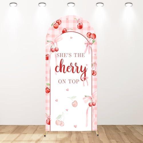 AIBIIN 6ft Cherry Coquette Arch Backdrop Cover for Girls, Pink Bow She's The Cherry on Top Baby Shower Arch Covers, 2-Sided Round Top Chiara Cherry Theme Coquette Arch Decorations for Bridal Shower