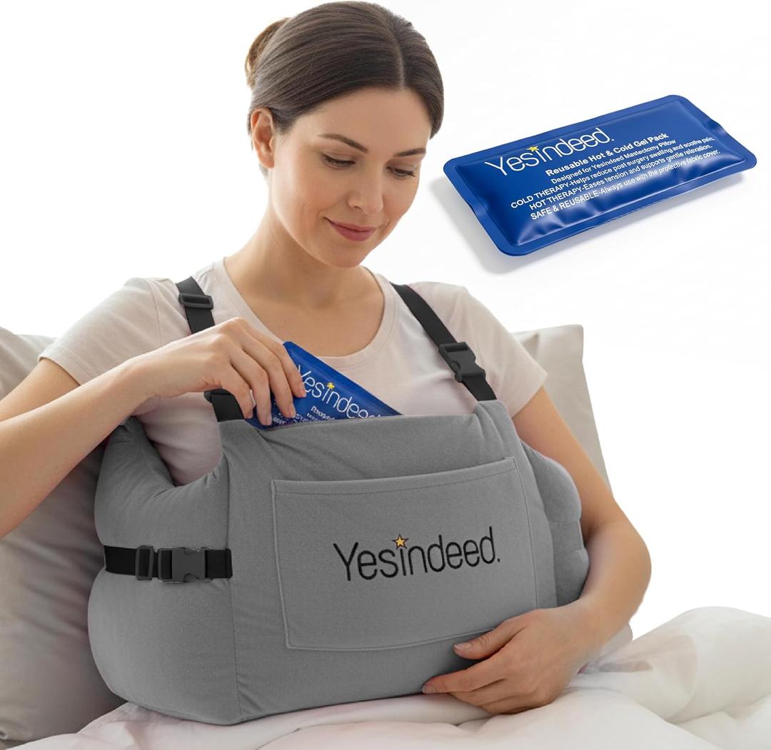 YESINDEED Post Mastectomy Pillow – Recovery Cushion with Strap, Shoulder Loops & Gel Pack – Charcoal Gray Support Pillow for Breast, Heart, C‑Section & Hysterectomy Recovery (Grey)
