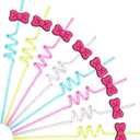 Potchen 16 Pcs Kitty Party Favors Pink Bow Spiral Drinking Straws Colorful Kitty Birthday Party Decorations for Christmas Kitten Supplies