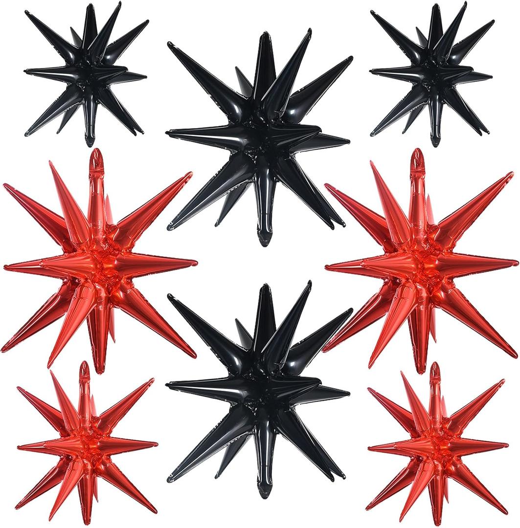 TONIFUL 8 Pcs Black Red Star Foil Balloons Large Explosion Star Mylar Decorations for Party Backdrop Christmas New Year Birthday Wedding Baby Shower Anniversary Photo Booth Supplies