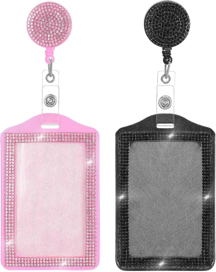 2 PCS Bling Badge Reel Holder, Retractable Pink Black Vertical Badge Holders, Portable Rhinestone Lanyards Badge Reel Clip for Nurse, Teacher, Doctor, Office Business(Pink, Black)