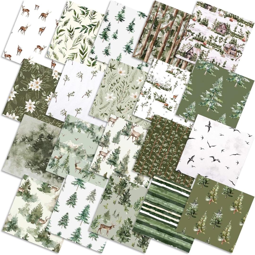 HunnmingRe 20 Pcs 10''x10'' Watercolor Forest Quilting Fabric Square Woodland Precuts Quilted Fabric Bundle Reindeer Tree Printed Sewing Material for Christmas Holiday Patchwork DIY Craft Supplies