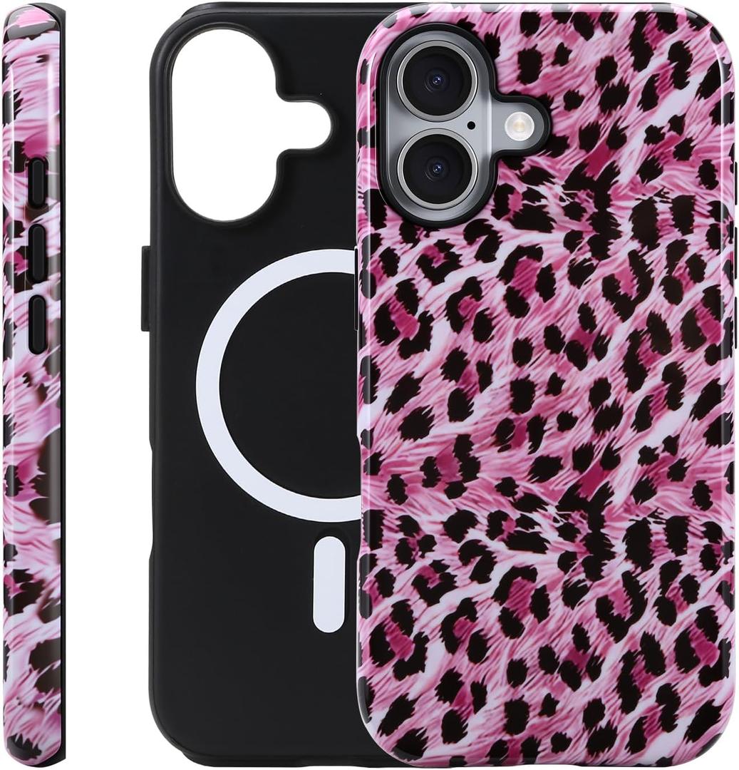 iPhone 17 Case - Wireless Charging for MagSafe, Dual-Layer Design (Outer Hard PC Shell + Inner Soft TPU Shell), Leopard Print Retro Style, Unisex Shockproof Protective Case - Pink