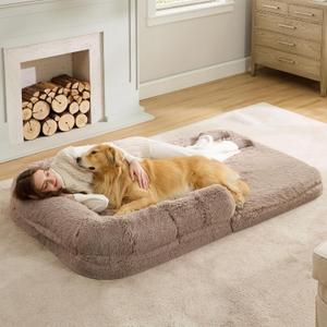Bedsure Foldable Human Size Giant Dog Bed for Adults, 2 in 1 Calming Pet Bed with Egg Foam Supportive Mat and Waterproof Liner, Faux Fur Orthopedic Sofa, Camel