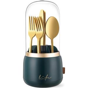 EXIN DECHEN 360 Rotation Silverware Organizer for Kitchen Counter, Utensil Holder Caddy with Cover, Spoon and Fork Organizer, 7 Slots and Intermediate Drainage Device