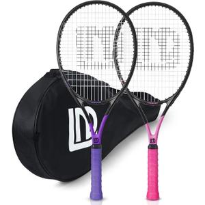 Adults Tennis Racket 2 Pack, Durable 27 Inch Coupled Tennis Racquet Light-Weight, Pre-Strung and Regrip, Suitable for Beginners to Intermediate Players