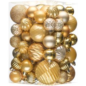 JORNOY Christmas Tree Ornaments Set, 47 Pack Assorted Shatterproof Hanging Balls Decorations, Plastic Bulbs Bulk with Lanyard for Home Holiday Party Decor, 3-Sizes (Gold)