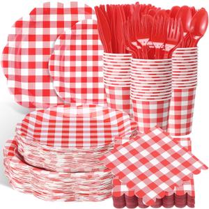 400 Pcs Gingham Party Supplies for 50 Guests Red and White Paper Plates and Napkins Knives Spoon Fork Cup Disposable Checkered Dinner Party Set Cutlery for Baby Shower Wedding Favor