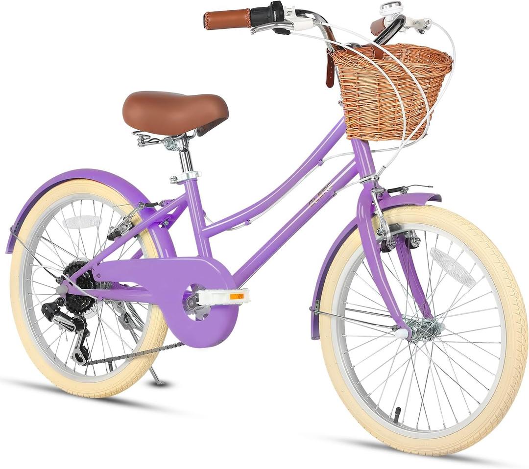 Glerc 20 24 26 Inch Beach Cruiser Bike, 6-Speed Hybrid City Bicycle for Girls Youth and Over 6 Years Old, Missy Bike with Wicker Basket & Lightweight, Multiple Colors (Purple)