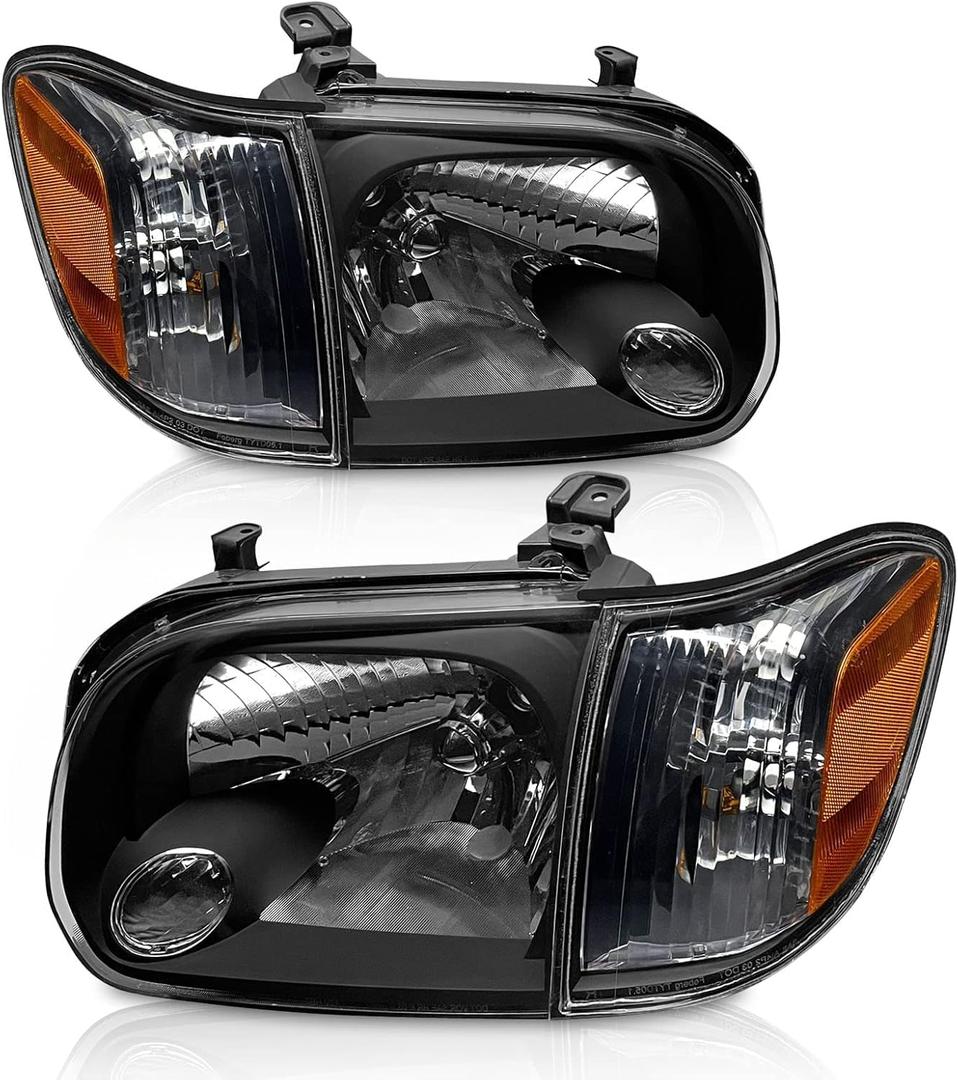 AS Headlight Assembly Compatible with 2005 2006 2007 Toyota Sequoia /2005 2006 Toyota Tundra Clear Lens Black Housing with Amber Reflector Left and Right Pair