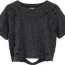 LilyCoco Womens Distressed Ripped Crop Top Punk Rock Summer Short Sleeve T Shirt Black Small (Black, S)