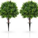 JTING' CHOISIR Set of 2 Artificial Boxwood Topiary Ball Trees with Ground Spike, 26 Inches UV Resistant Fake Plant Bushes Shrubs, for Indoor Outdoor Front Porch Garden (Boxwood)