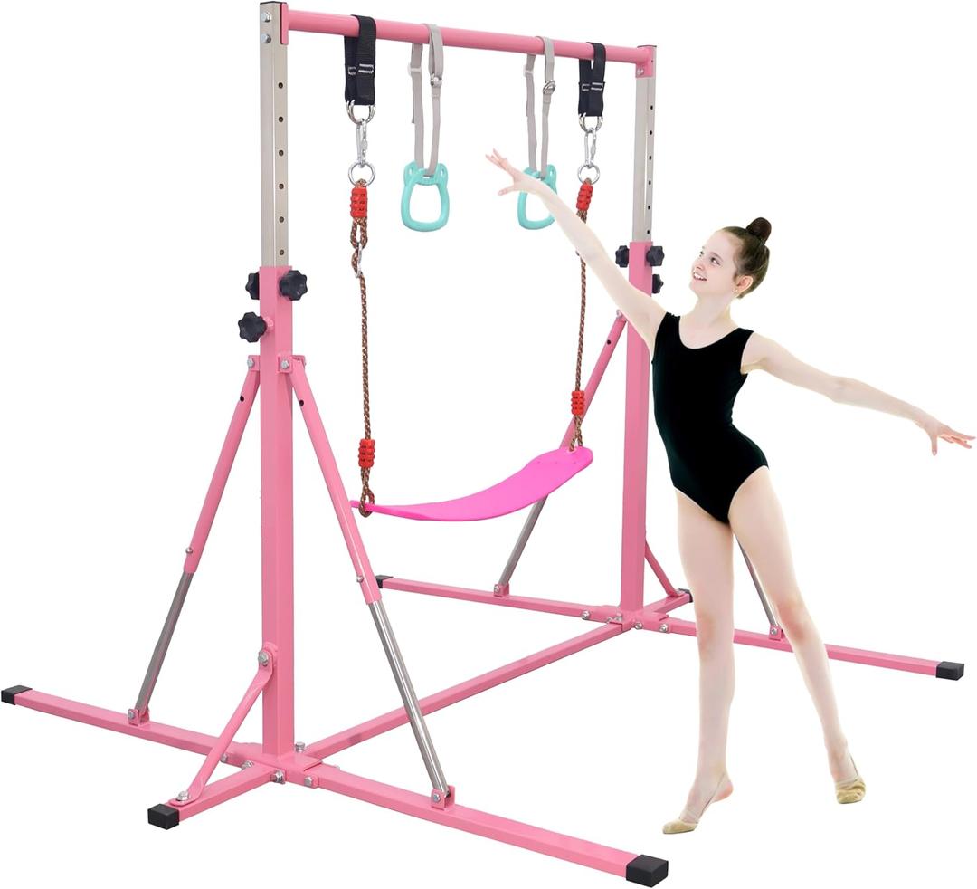 Foldable Gymnastics Bar,5FT Horizontal bar,Adjustable Kids Training bar for Kids Ages 3-15,Kids Gymnastics bar,Triangle Stable Structure-Gym Equipment for Home (Pink)