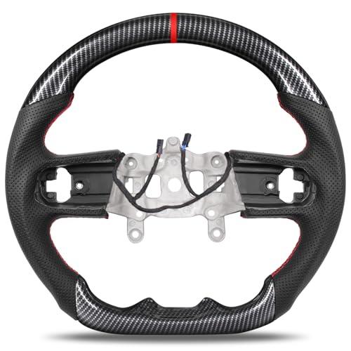 KIGEMOS Heated Steering Wheel for Jeep Wrangler JL 2018–2024, Hydro-Dip Carbon Fiber Finish, Nappa Perforated Leather Grip, Hand-Stitched D-Shape Flat-Bottom Design