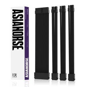 AsiaHorse 18AWG PSU Cable Extension Sleeved Custom Mod GPU PC Audio Video Power Supply Soft Braided Cables with Two Color Comb Kit 24P/8P to 6+2P/ 8P to 4+4P 30CM (Black)