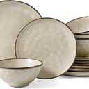 Famiware Dinnerware Sets for 4, Ocean Round 12-Piece Kitchen Plates and Bowls Sets, Microwave and Dishwasher Safe, Scratch Resistant, Light khaki