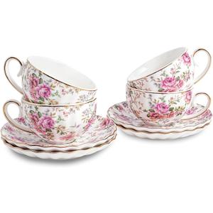 Tea Cup and Saucers, 6.4oz Floral Tea Cups with Gold Trim, Porcelain Teacup, Coffee Cappuccino Espresso Latte Mugs for Party Birthday, Party Cafe Home, Christmas Gift (White)