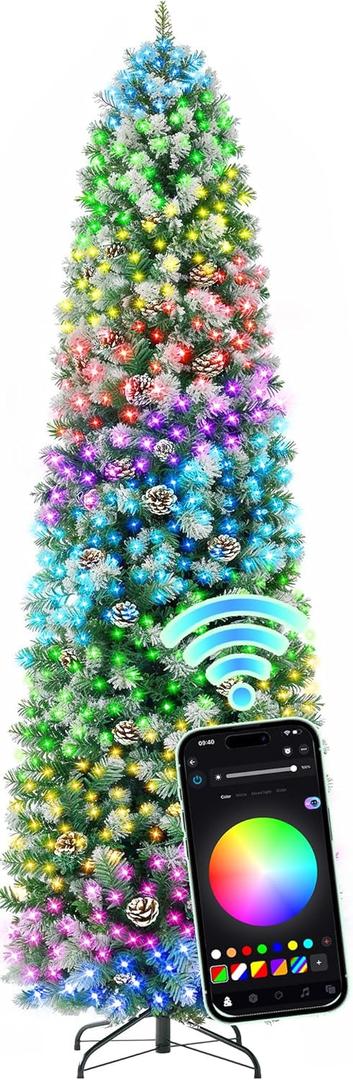 HOLLO STAR 7.5 ft Prelit Christmas Tree with 304 LED Lights, App Control, Slim Pencil Christmas Tree, Multi-Color RGBW Lights, 950 Flocked Frosted Tips, Xmas Tree, 72 Pine Cones, for Home, Party