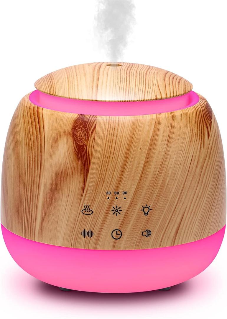 Aromatherapy Diffuser & White Noise Machine Combines 10 Relaxing Sounds,7 Color LED Light,5 Level Volumn,2 Level Warm Night-light,3 Timer, Mist and Waterless Auto Shutoff for Better Sleep (Light Brown)
