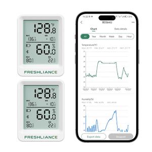 Freshliance Bluetooth Temperature Humidity Data Logger Recorder, Refrigerator Freezer Thermometer Hygrometer, Digital Remotely Temperature Humidity Monitor with APP Data Analysis, 2packs