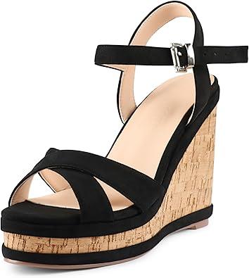 MERUMOTE Women's Wedge Heels High Platform Wedge Sandals Buckle Shoes For Summer (7, Color: 4.72"black Suede)