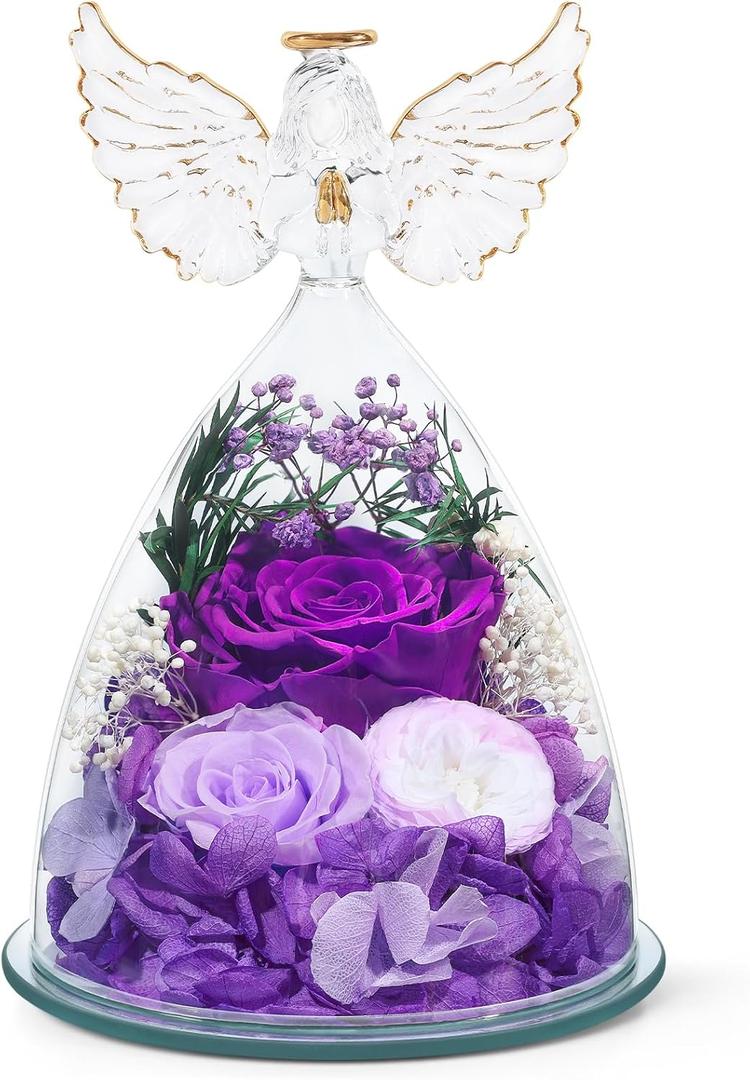 Gifts for Women Mom Preserved Rose Forever Flower in Glass Angel Figurine Fresh Flowers for Delivery Prime Birthday Gifts for Grandma Wife Sister Christmas Anniversary Eternal Purple Roses