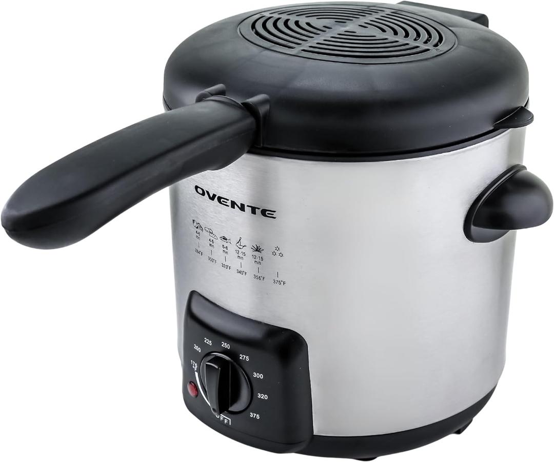 OVENTE Electric Deep Fryer 0.9L Capacity with Locking Lid, Adjustable Temperature Knob, Removable Frying Basket and Cool Touch Handle, 840W Power, Easy to Clean Stainless Steel Body, Silver FDM1091BR