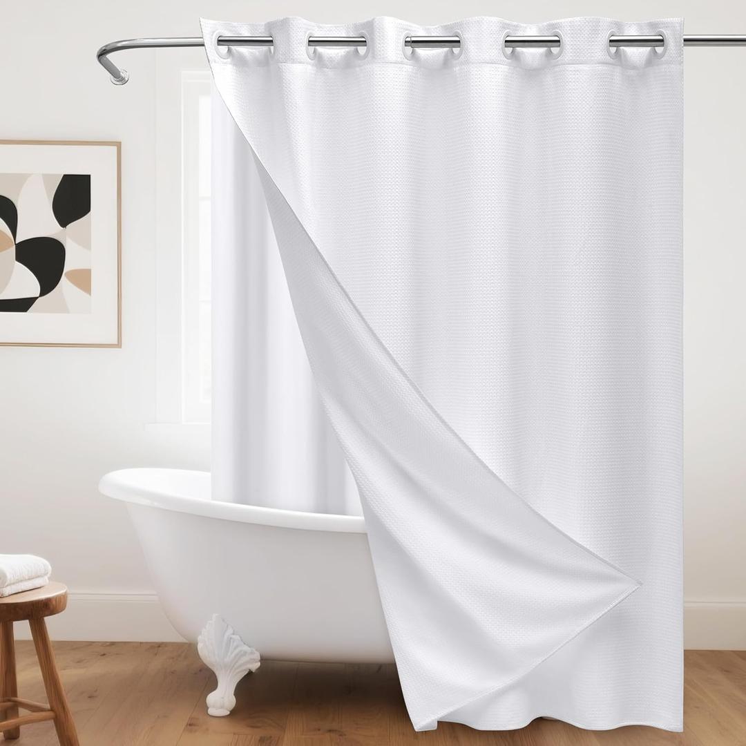 No Hook Waffle Weave Shower Curtain with Snap-in Fabric Liner,256GSM Heavy Duty Fabric Shower Curtain Set,White Waterproof Washable Luxury Shower Curtain for Bathroom Stall (72x75 Inch)