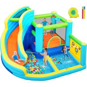 FBSPORT Inflatable Bounce House, Water Slide Park Slide Bouncer with Ball Shooting, Climbing Wall, Jumping and Splash Pool, Kids Bouncy Castle with 450W Air Blower for Outdoor Backyard