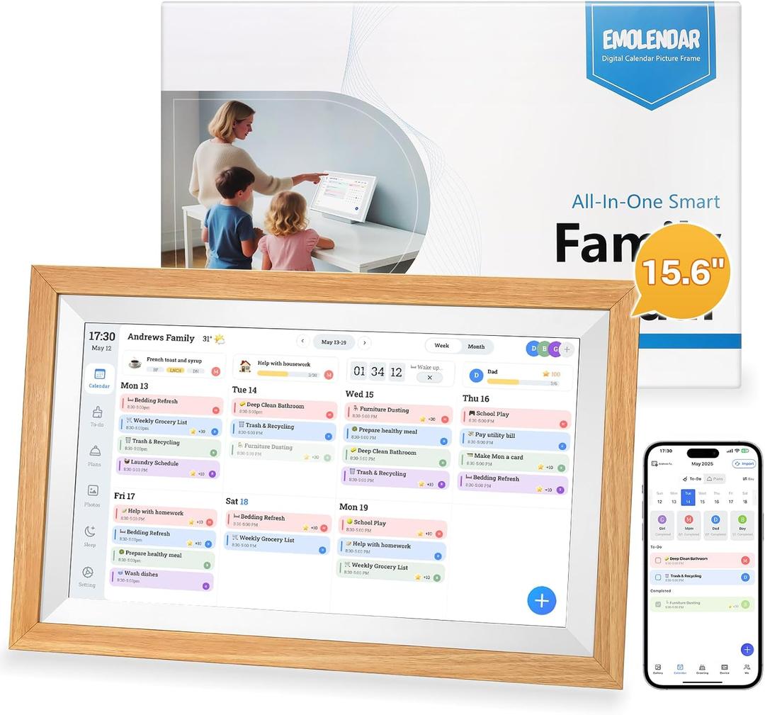 Digital Calendar,15.6 Inch Smart Wifi Electronic Calendar with Wooden Frame, Full HD Touchscreen Display Picture Frame Calendar for Family Mom Schedules Planner Organizing-Wall & Desk Mountable