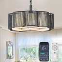 20'' Rattan Fandelier, Boho Farmhouse Fan Chandelier Handwoven Rattan Lampshade, Reversible 7-Blade Ceiling Fan with Adjustable Height, Soft Plum-Blossom Diffused Light 3 Colors (Modern Black)