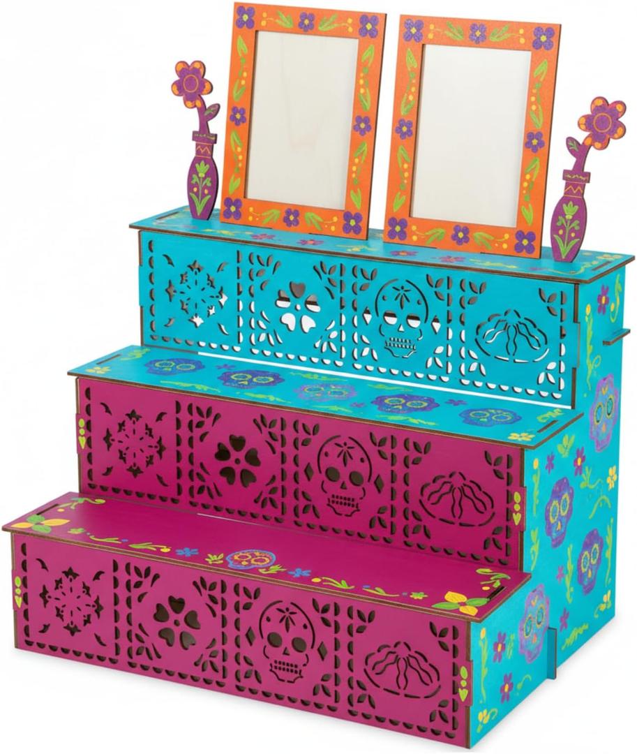 Dia De Los Muertos 2 Photo Frame Three Layer Altar Ofrenda Box, Poplar Plywood Sugar Skulls and Pan de Muerto Papel Picado, Self Painting Shadow Box Frame The Day of The Dead Decor (Classic)