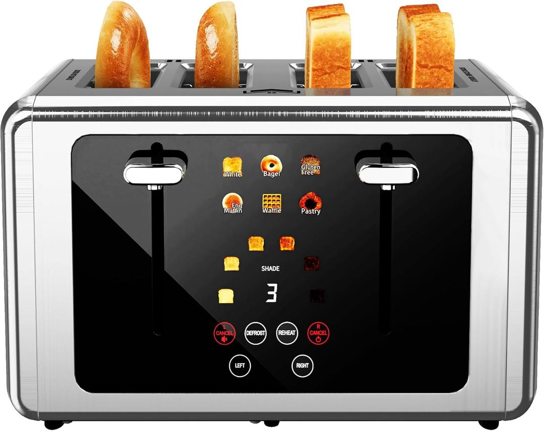 WUNLY 4 Slice Toaster,Touchscreen & Dual Independent Control Panel,5 Basic Functions & Digital Countdown Toasters,6 Shade Settings6 Bread Types,Smart Bread Maker Mute/Screen-Off, Stainless Steel