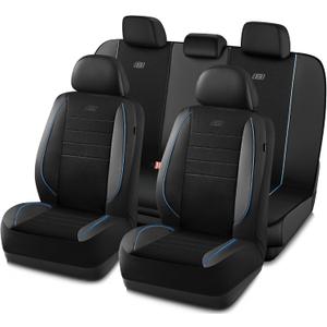 Skechers Air-Cooled Memory Foam Seat Covers,Mesh Thick Car Seat Covers,Piping Leather Car Seat Cover,Airbag Compatible,Automotive Comfort for Most Cars, Vans, Trucks, SUV(Blue,Full Set) (Black and Blue)